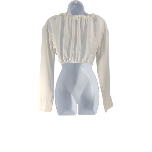 Pretty Little Thing White Satin Bardot twist front crop top women's blouse Sz 2 - Picture 5 of 12